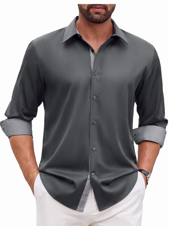 Mens Long Sleeve Stretch Dress Shirts Casual Button Down Shirt