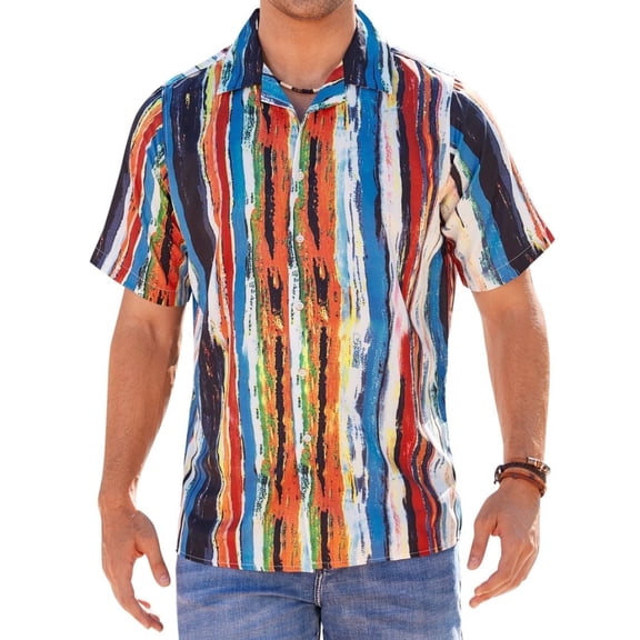 sogami Mens Short Sleeve Hawaiian Shirts Stripe Pattern Summer Cotton Shirt