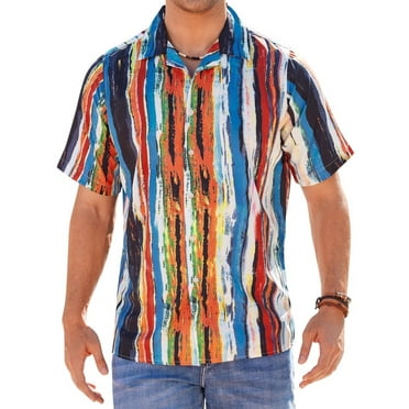 Alimens & Gentle Mens Short Sleeve Hawaiian Shirts Stripe Pattern Summer Cotton Shirt
