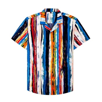 Alimens & Gentle Mens Short Sleeve Hawaiian Shirts Stripe Pattern Summer Cotton Shirt