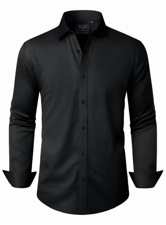 Mens Solid Long Sleeve Dress Shirts Stretch Cotton Business Shirt