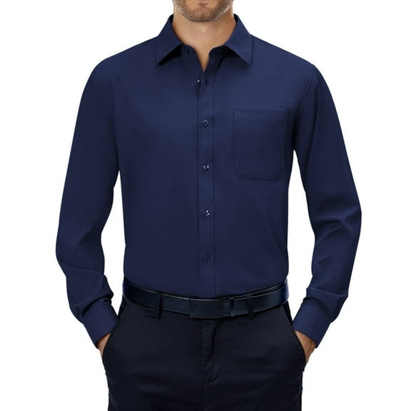 sogami Mens Wrinkle-free Long Sleeve Dress Shirt Solid Stretch Navy Blue Button Down Shirt Casual Business Wedding