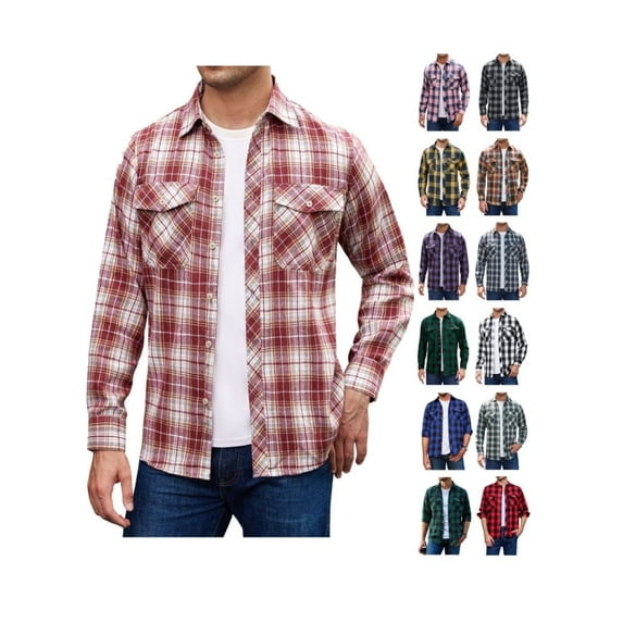 sogami Red Plaid Flannel Shirts for Men Long Sleeve Casual Button Down Shirt