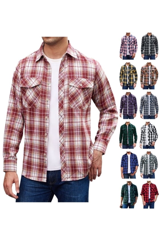 Red Plaid Flannel Shirts for Men Long Sleeve Casual Button Down Shirt