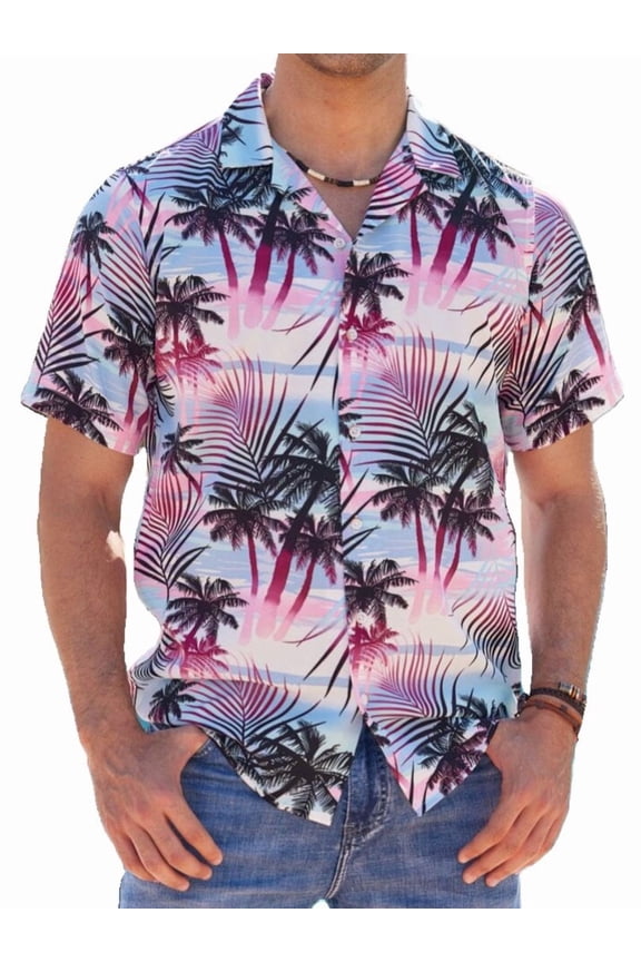 Regular Fit Short Sleeve Shirts Tropical Hawaiian Tops for Men Leaf Pattern