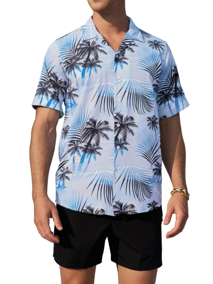 Regular Fit Short Sleeve Shirts Tropical Hawaiian Tops for Men Leaf Pattern