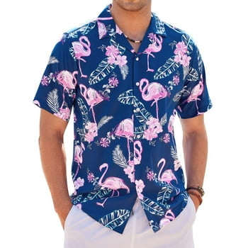Alimens & Gentle Short Sleeve Casual Button Down Shirt for Men Flamingo Hawaiian Shirts