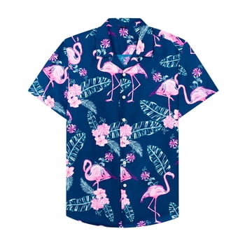 Alimens & Gentle Short Sleeve Casual Button Down Shirt for Men Flamingo Hawaiian Shirts