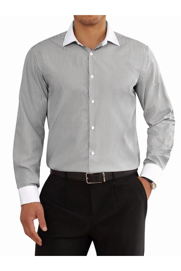 Striped Dress Shirt For Men Casual Long Sleeve Black Button Down Shirt Cotton Shirt Slim Fit