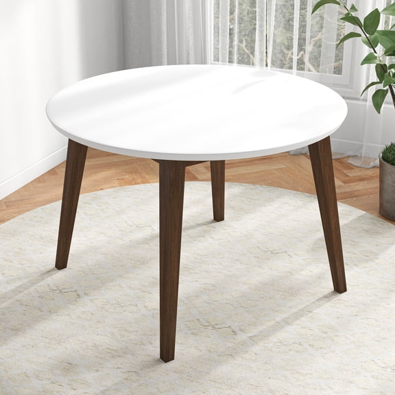 Alina Contemporary Dining Table with Smooth White Finish and Solid Wood Base 43" Diameter x 29.5" H Kitchen Dining Room Circle Dinner Pedestal Table