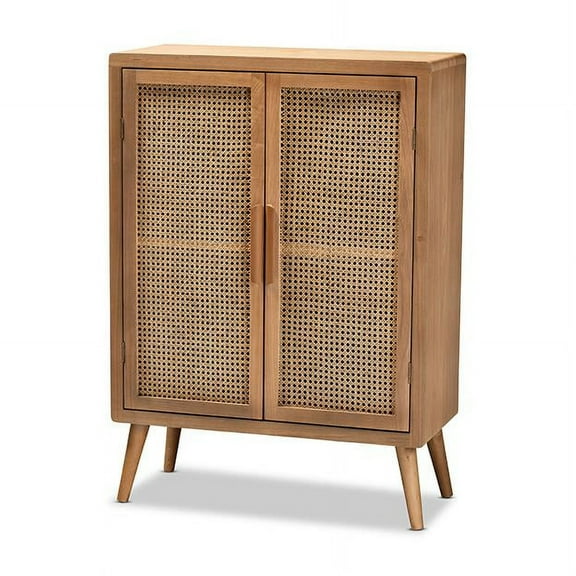 Baxton Studio Alina Mid-Century Modern Medium Oak Finished Wood and Rattan 2-Door Accent Storage Cabinet