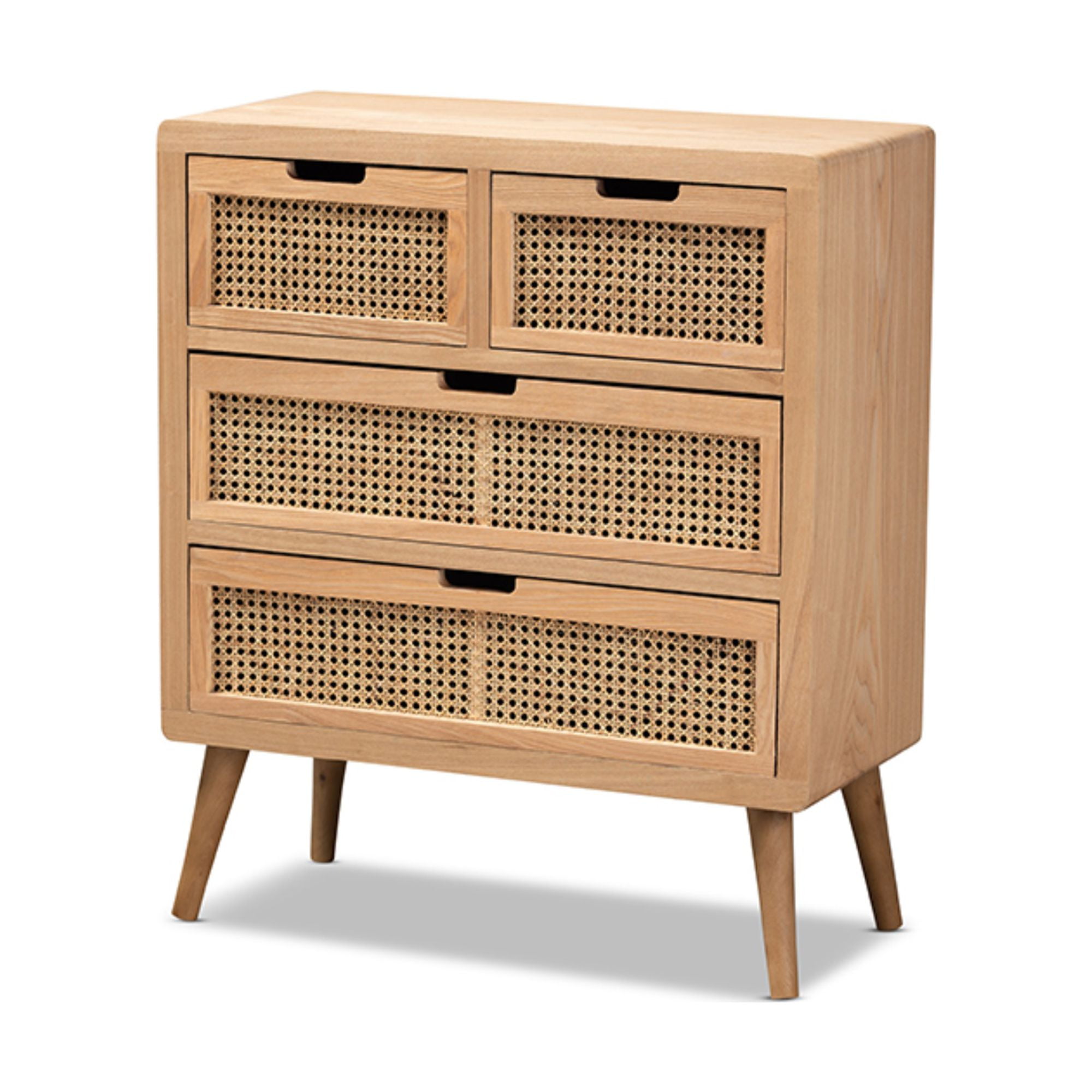 Mid-Century Medium Oak Wood & Rattan 4-Drawer Chest