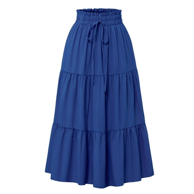 Aline Maxi Skirts for Women Plus Size High Waisted Adjustable Ankle Length Bohemian Skirts Elastic Floral Drawstring Pleated Tiered Smocked Beach Skirts Royal Blue L