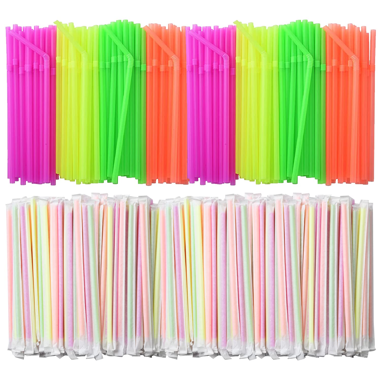 Alink 1000 Count Neon Flexible Plastic Drinking Straws Vibrant and