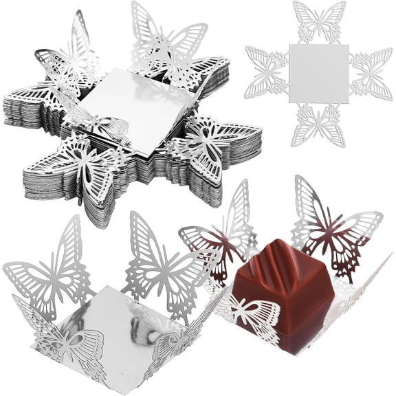 ABCISI Butterfly Truffle Liners Silver Butterfly Cupcake Wrappers Dessert Cups Square Paper Candy Cups Baking Cups Muffin Case Trays, 50Pcs