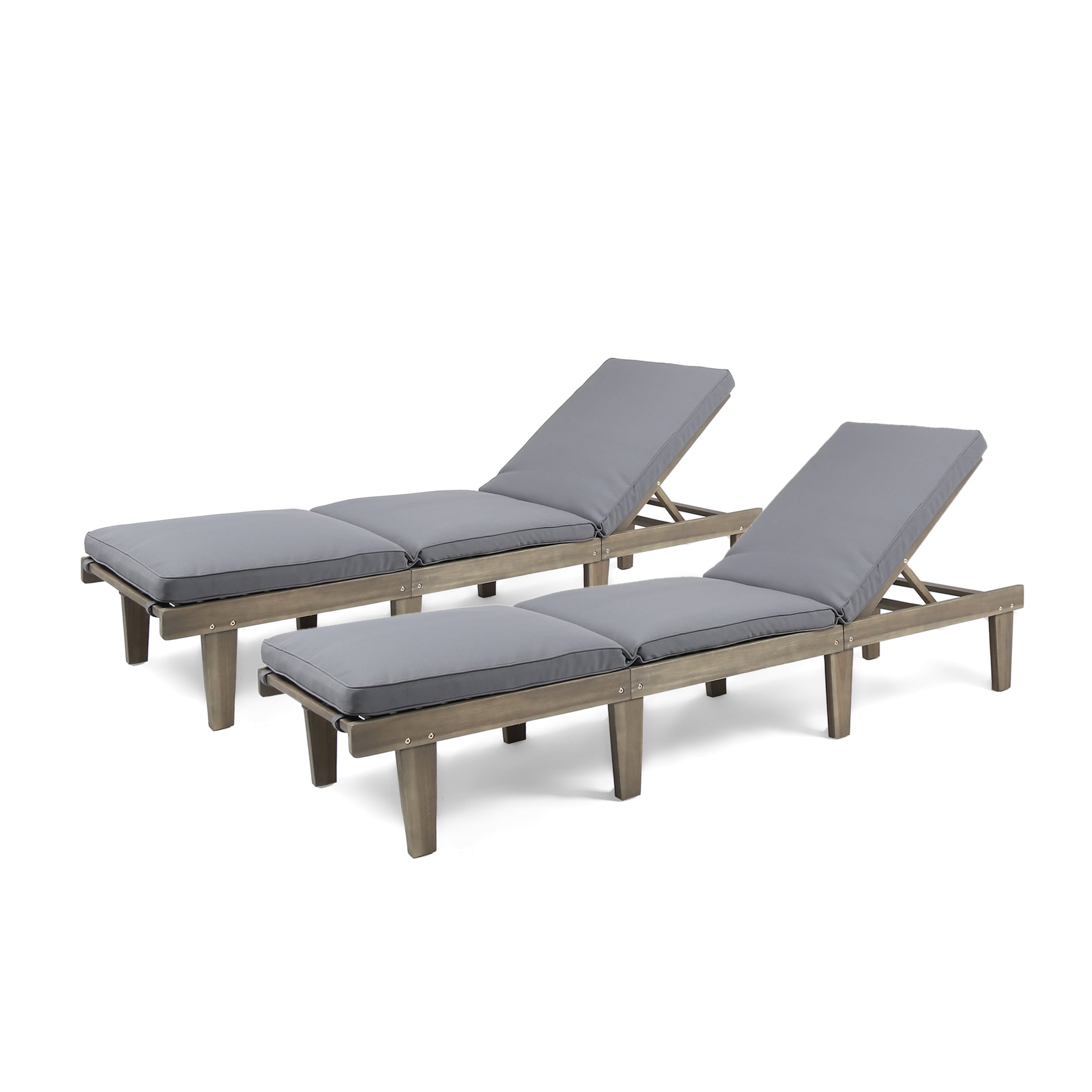 Acacia Wood Outdoor Chaise Lounge with Full-Length Cushion - Gray