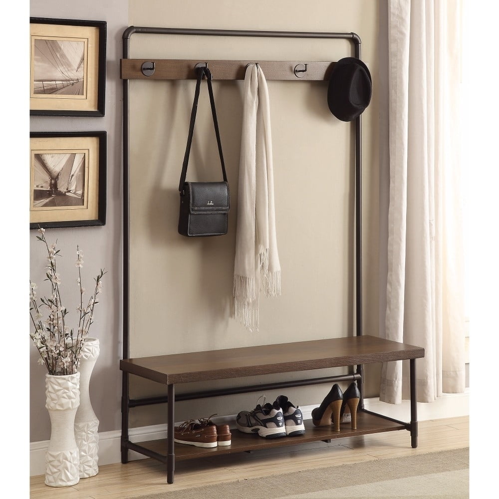 Industrial Brown and Bronze Hall Tree with Storage Bench