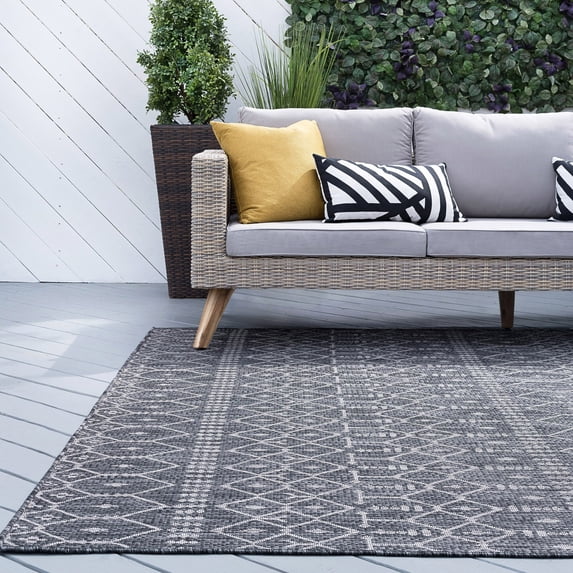 Alise Rugs Colonnade Farmhouse Geometric Indoor/Outdoor Area Rug Charcoal 5'3'' x 7'3'' 5' x 8' Outdoor, Indoor Living Room, Bedroom, Patio Grey