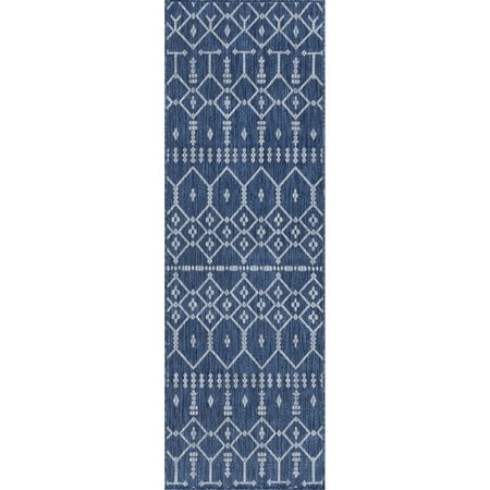 Alise Rugs Colonnade Farmhouse Geometric Indoor/Outdoor Area Rug Navy 2'3'' x 10' 10' Runner Indoor,Outdoor,Runner Bathroom,Entryway,Patio Grey