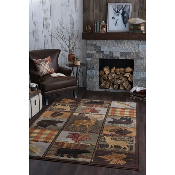 Alise Rugs Natural Lodge Novelty Graphic Indoor Area Rug 3'11'' x 5'3'' Nature, Animal, Graphic 4' x 6' Indoor Entryway, Kitchen, Bathroom Red, Brown,
