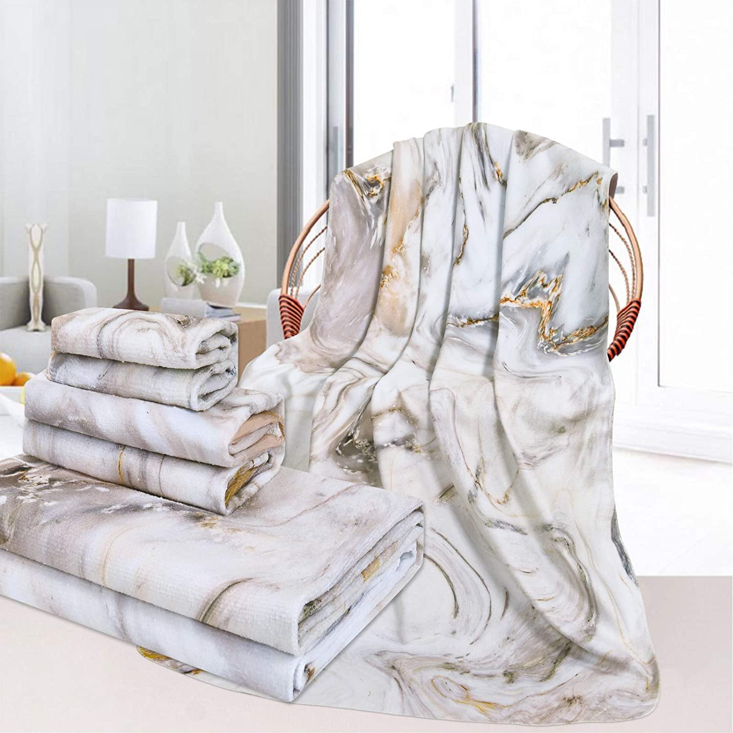 Alishomtll 3Pcs White Marble Beach Towels Set Include Beach Towel, Hand