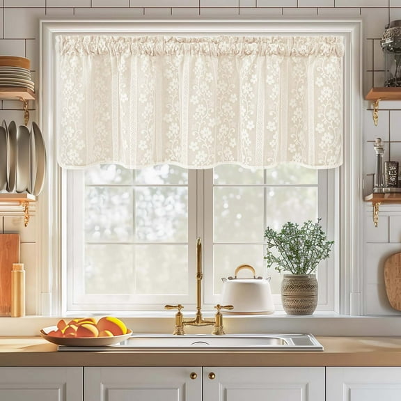 Alishomtll Beige Linen Lace Sheer Double Layer Light Filtering Valance Curtains , Rod Pocket,52 x 18 in