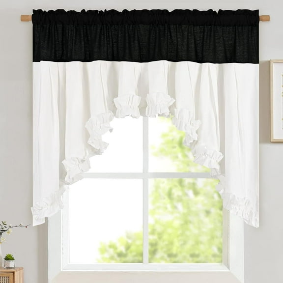 Alishomtll Black White Ruffle Kitchen Curtains Valances Swags for Windows Light Filtering ,Rod Pocket ,61" W x 36" L