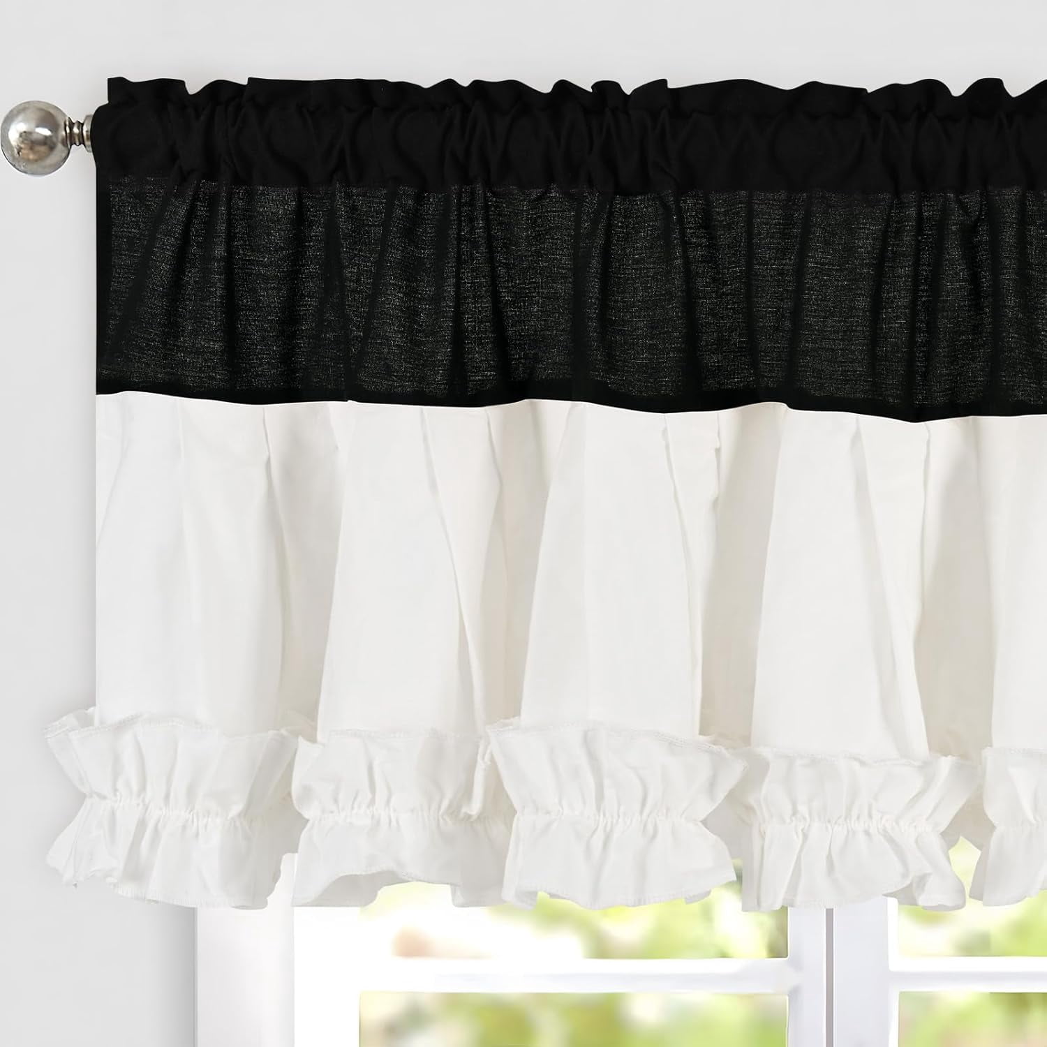 Alishomtll Black White Ruffle Valance Curtains Rod Pocket Window Drapes Light Filtering 52"W×18"L