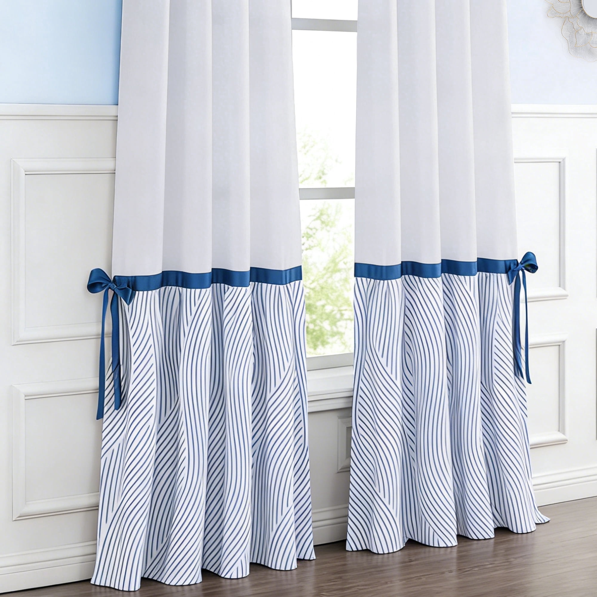 Alishomtll Blackout Curtains 63 Inch Length Color Block Blue Stripe Bow Design Thermal Insulated Window Drapes for Bedroom Living Room,52"x 63", 2 Panels