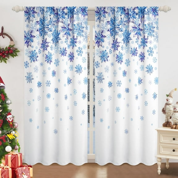 Alishomtll Blue White Snowflake Christmas Curtains Blackout Room Darkening Window Drapes Holiday Xmas Party Decor, 52" x 84"L, 2 Panels
