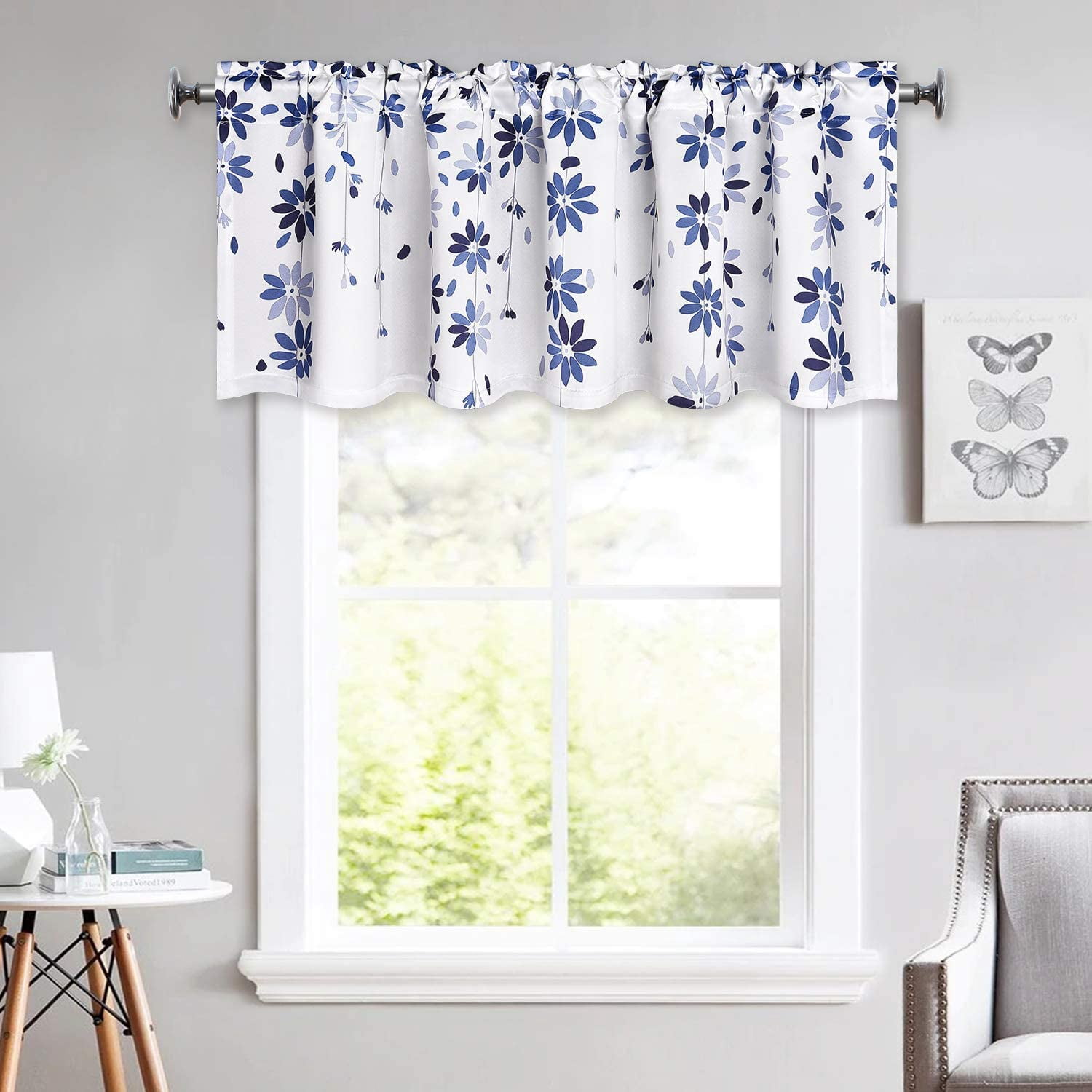 Alishomtll Blue Window Valance,Floral Rod Pocket Curtains for Kitchen Window ,52"W x 18"L ...