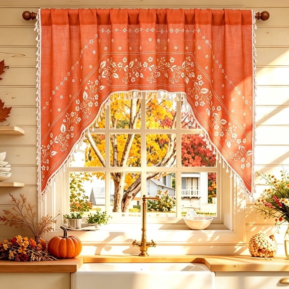 Alishomtll Fall Boho Swag Valance for Windows Farmhouse Linen Kitchen Curtains 36 Length,Terracotta