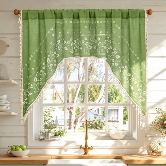 Alishomtll Boho Swag Valance for Windows Farmhouse Linen Kitchen Curtains 36 Length,Sage Green