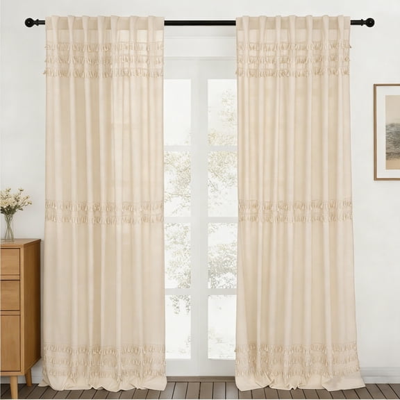 Alishomtll Boho Curtains for Living Room Semi Blackout Curtains with 8 Tassel Window Drapes Back Tab ,Natural,52"Wx84"L,2 Panels