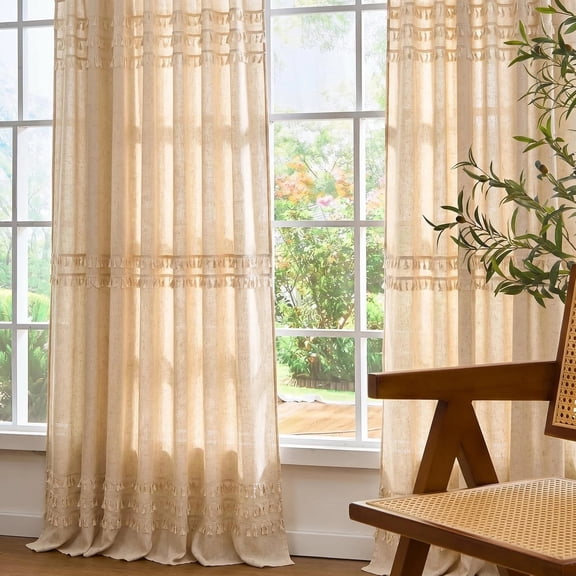 Alishomtll Boho Curtains for Living Room Semi Blackout Curtains with 8 Tassel Window Drapes Back Tab ,Natural,52"Wx84"L,2 Panels
