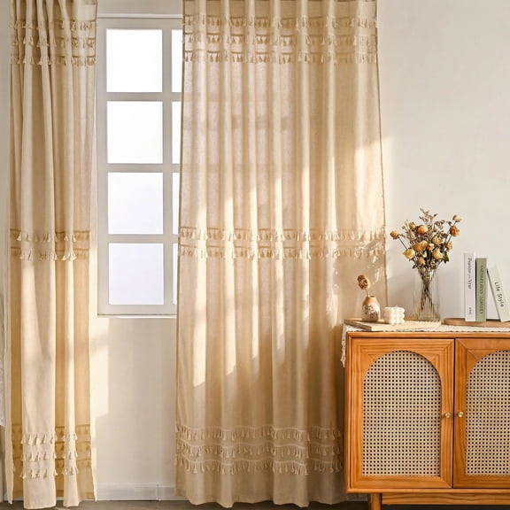 Alishomtll Boho Curtains for Living Room Semi Blackout Curtains with 8 Tassel Window Drapes Back Tab ,Natural,52"Wx84"L,2 Panels