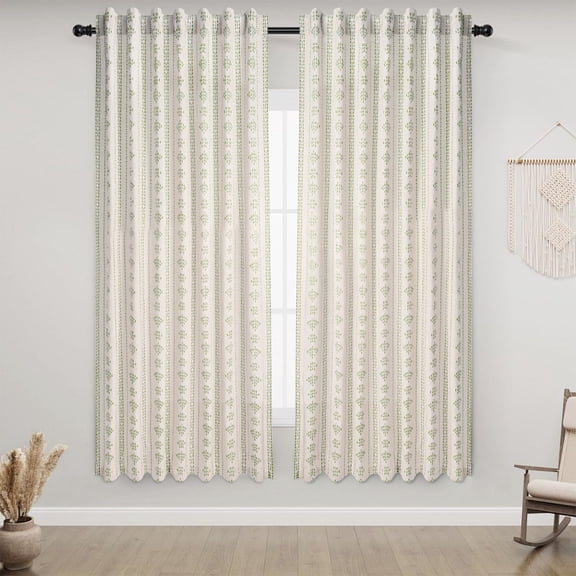 Alishomtll Boho Farmhouse Curtains Linen Light Filtering Sage Green Geometric Striped Window Drapes ,52"x63", 2 Panels