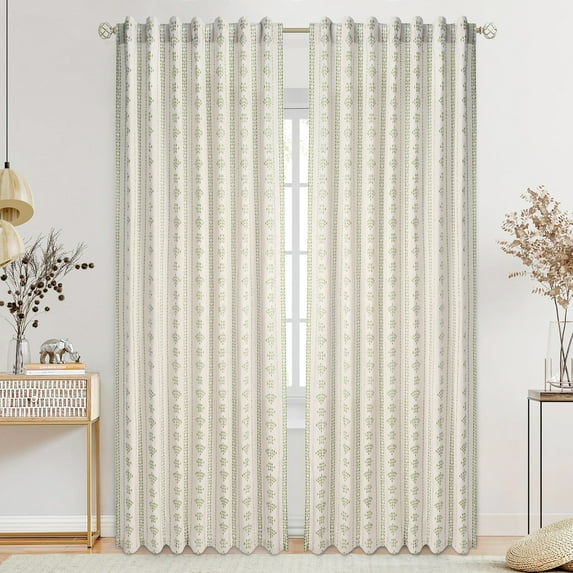 Alishomtll Boho Farmhouse Curtains Linen Light Filtering Sage Green Geometric Striped Window Drapes ,52"x84", 2 Panels