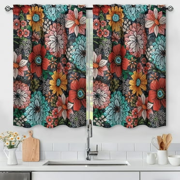 Alishomtll Boho Floral Print Kitchen Curtains 36 Length Sets for Small Window,2 Panels,Rod Pocket