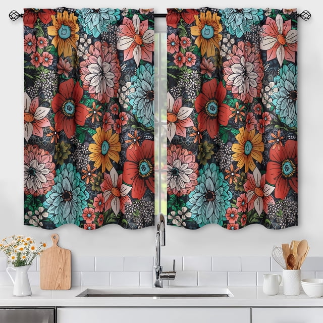 Alishomtll Boho Floral Print Cafe Flower Tiers Kitchen Curtains, 36 ...