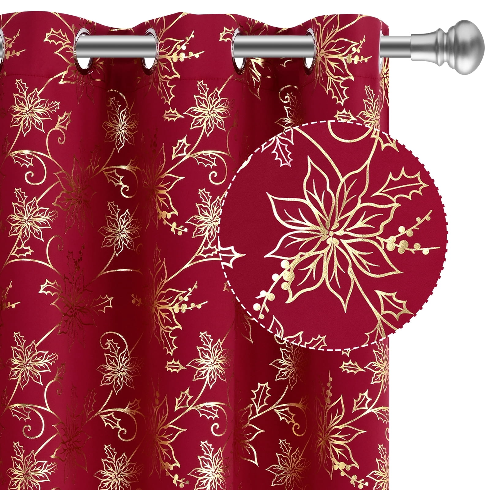 Alishomtll Red Christmas Blackout Curtains Golden Poinsettia Foil Print Room Darkening Window Drapes, 52" x 84"L, Set of 2 Panels