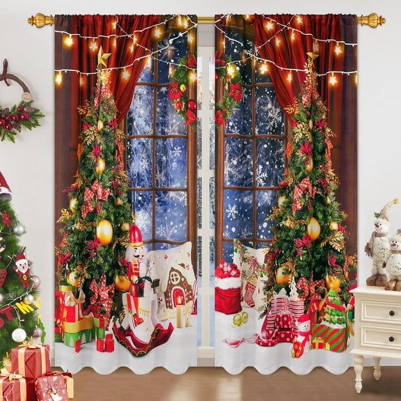 Alishomtll Christmas Curtains Christmas Tree Winter Snow Forest Blackout Room Darkening Window Drapes Holiday Xmas Party Decor, 52" x 84"L, 2 Panels