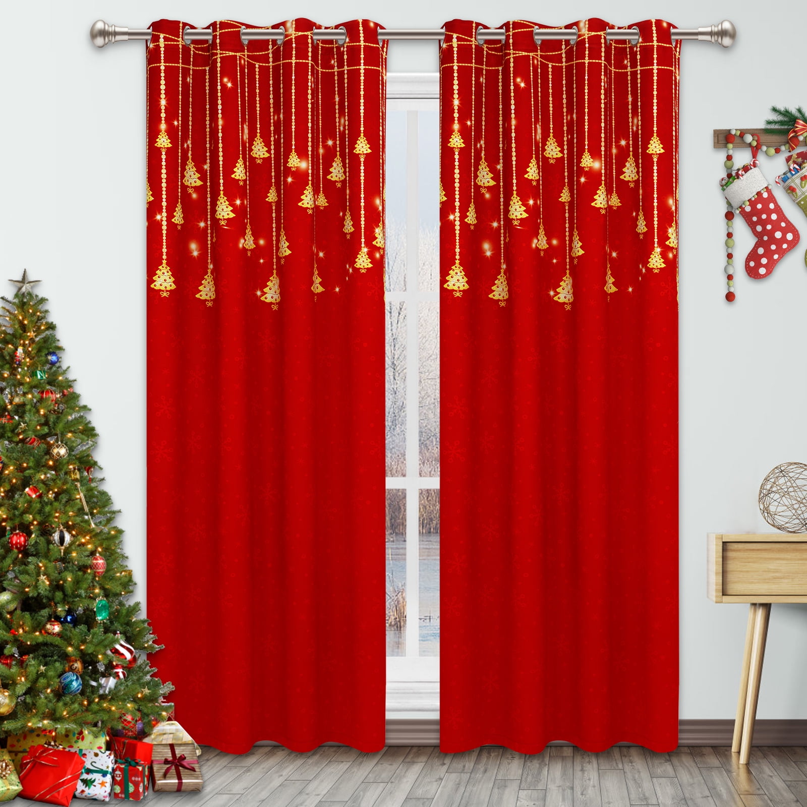 Alishomtll Christmas Curtains for Living Room Blackout Gold Christmas ...