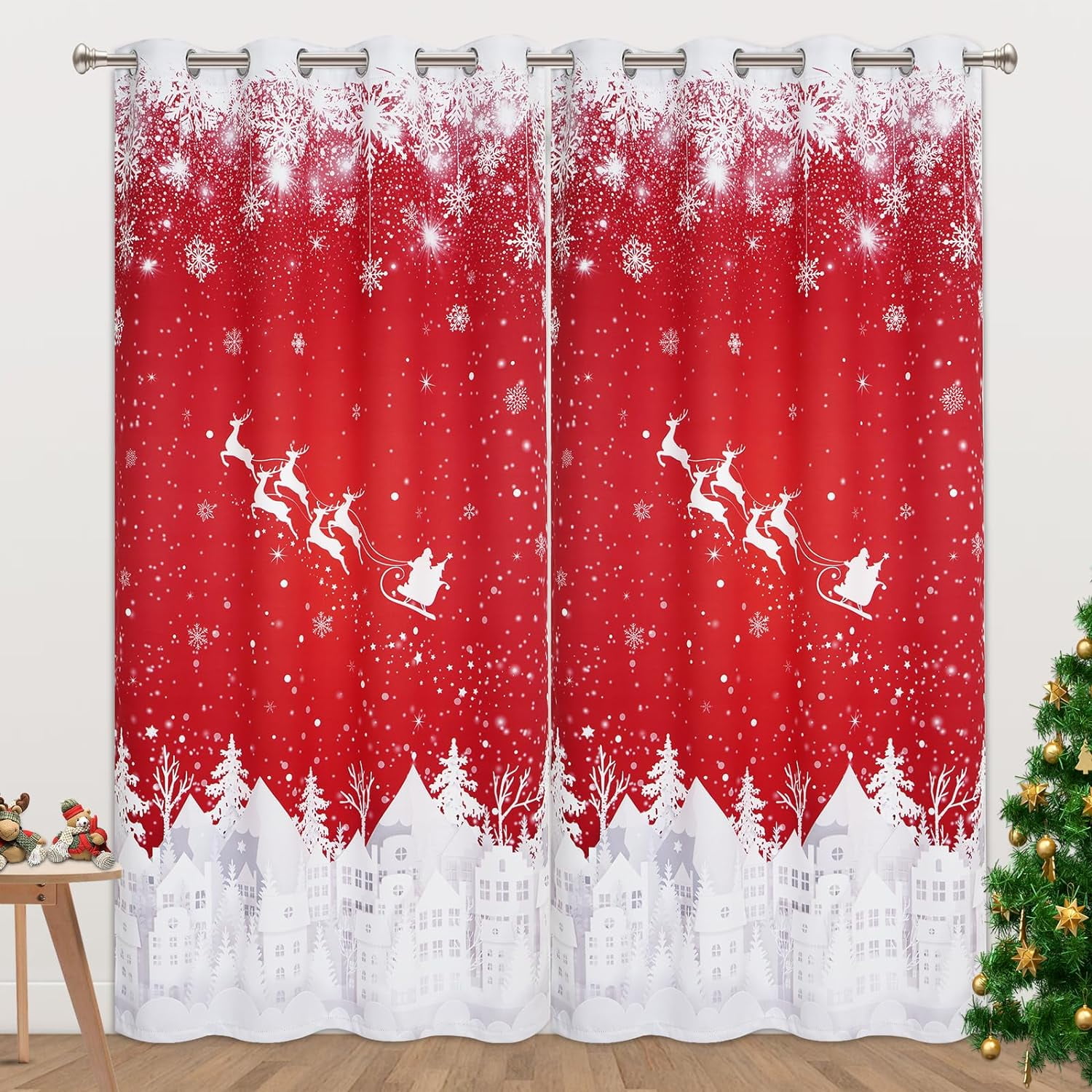 Alishomtll Christmas Curtains for Living Room Xmas Snowflakes Town Grommet Window Drapes ,52 x