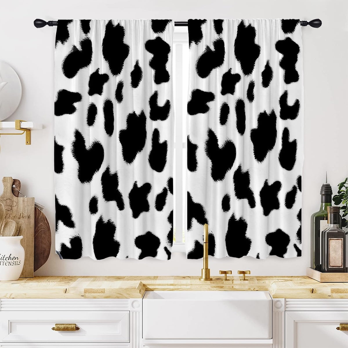 Alishomtll Cow Print Kitchen Curtains Tier Farmhouse Animal Rod Pocket ...