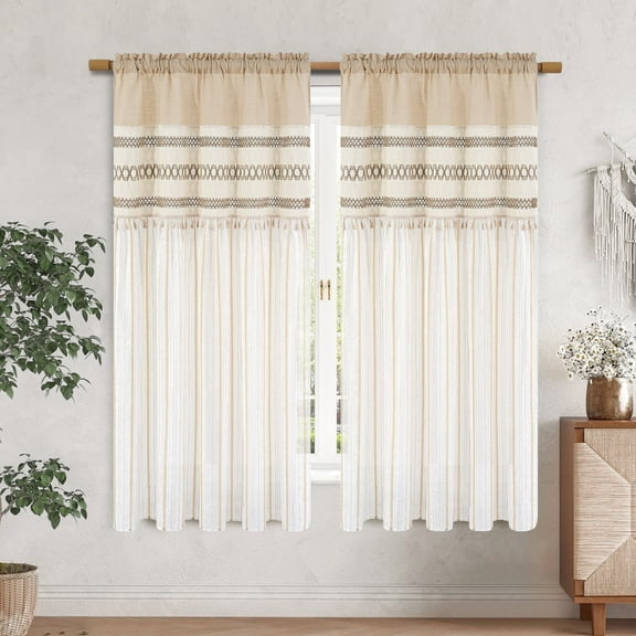 Alishomtll Boho Linen Light Filtering Curtains 63 Inches Long Farmhouse Rustic Striped Drapes Macrame Burlap ,Rod Pocket ,Beige ,with Tassel