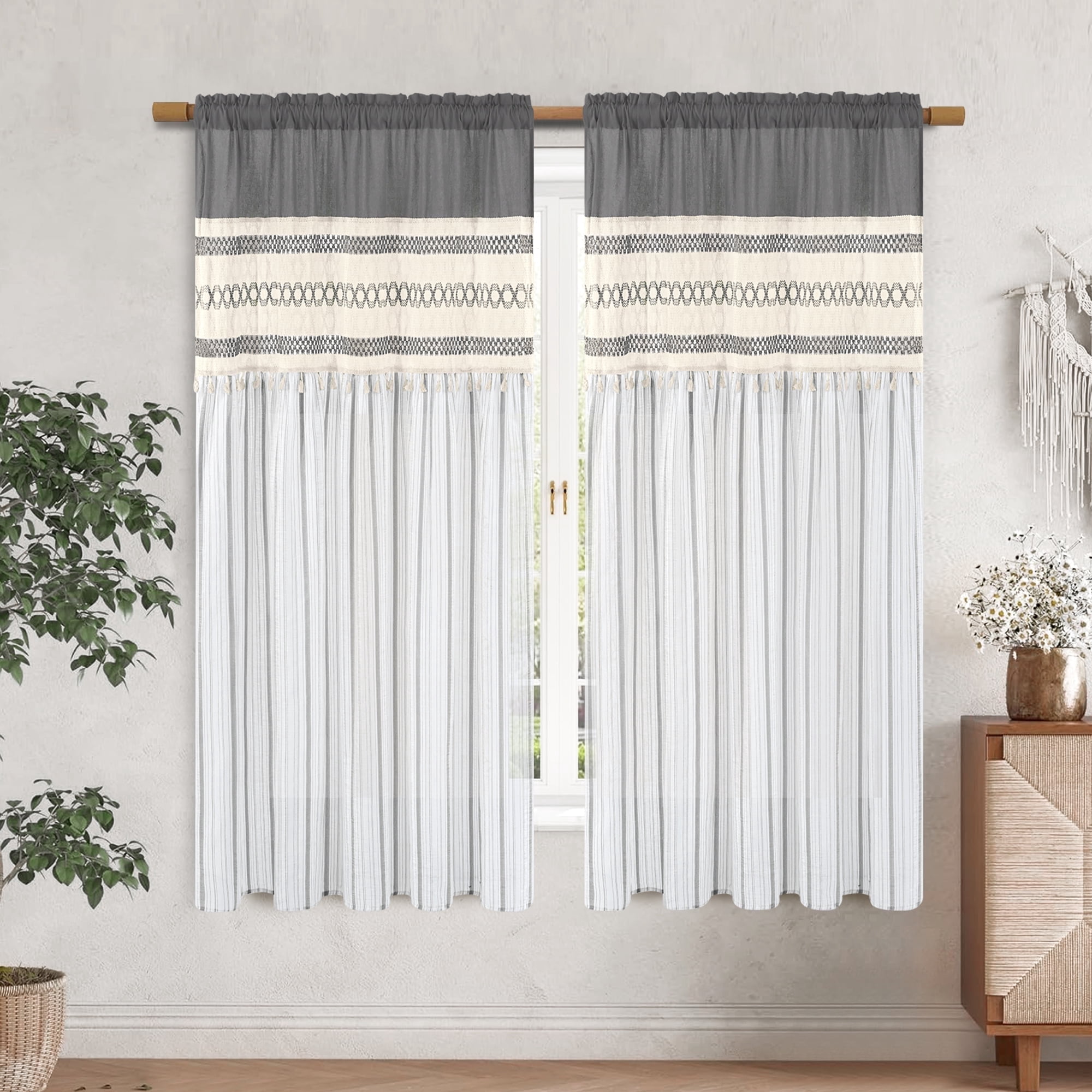 Alishomtll Boho Linen Light Filtering Curtains 63 Inches Long Farmhouse Rustic Striped Drapes Macrame Burlap ,Rod Pocket  ,Gray ,with Tassel
