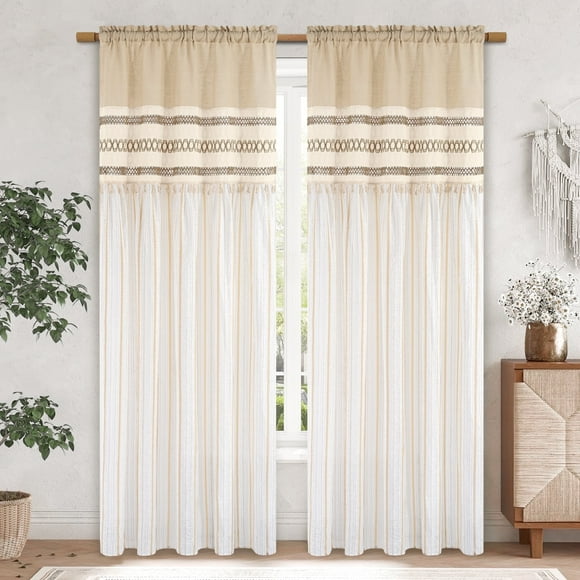 Alishomtll Boho Linen Light Filtering Curtains 84 Inches Long Farmhouse Rustic Striped Drapes Macrame Burlap ,Rod Pocket  ,Beige ,with Tassel