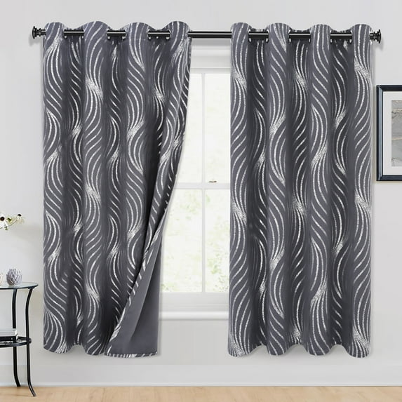 Alishomtll Dark Gray Blackout Curtains for Living Room ,Modern Metallic Silver Wave Pattern Bedroom Thermal Insulated Drapes ,2 Panel Set,52"x63"