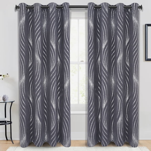 Alishomtll Dark Gray Blackout Curtains for Living Room ,Modern Metallic Silver Wave Pattern Bedroom Thermal Insulated Drapes ,2 Panel Set,52"x84"